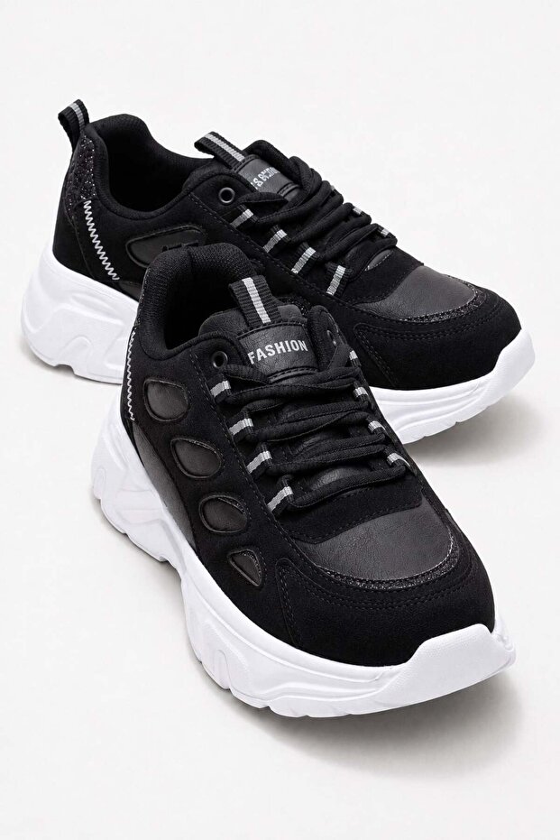Side Ring Patterned Women's Sports Shoes Black White Silvery