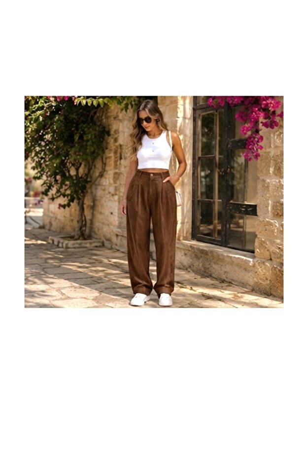 Women's Kdife Corduroy Belt with Elastic Back, Palazzo Baggy Fit Pants