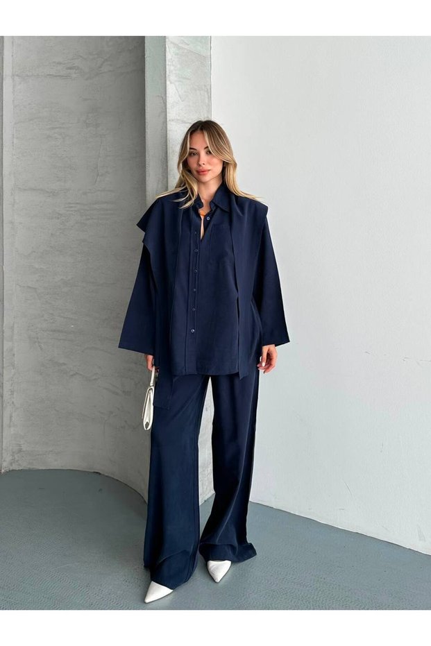 Women's Tencel Gabardine Scarf Shirt & Wide-Leg Pants Bottom - Top Set