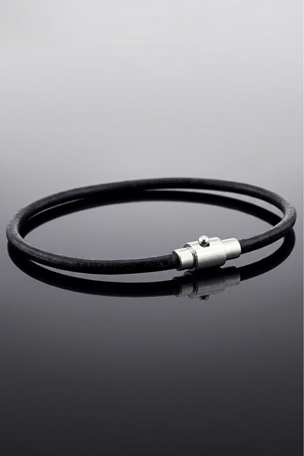 Black Original Fine Leather Silver Color Clip Minimalist Men's Bracelet M072D