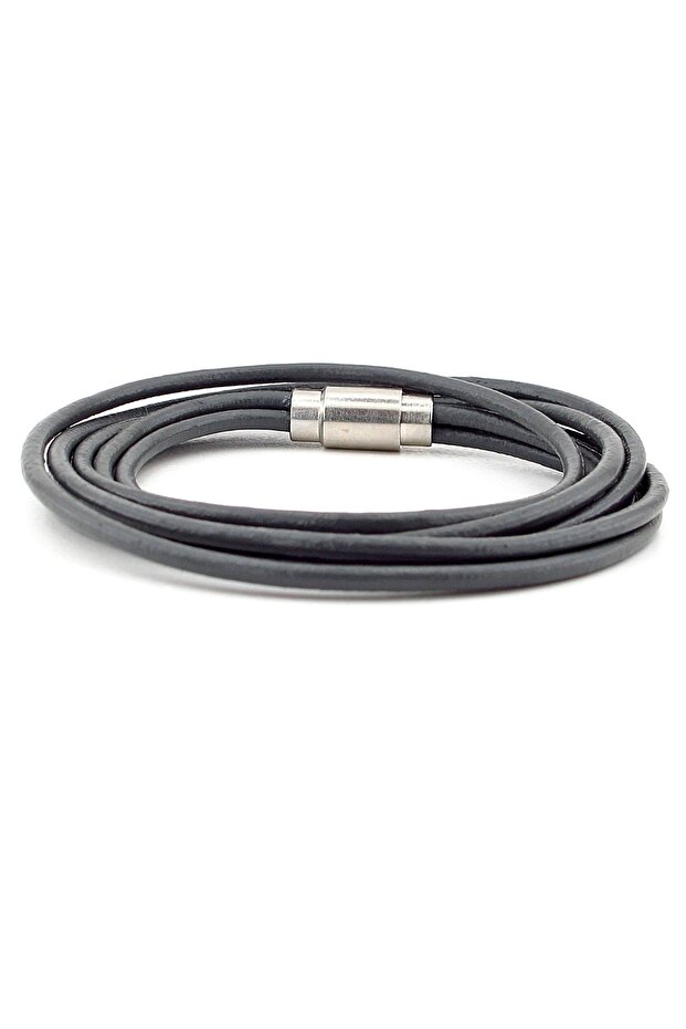 Gray Genuine Leather Double Row Wrap Silver Color Magnetic Clip Men's Bracelet M070A