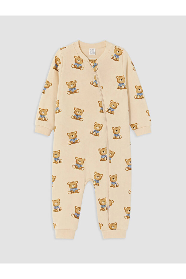 Lcw Baby Beige Crew Neck Baby Boy Sleeping Bag Cotton Patterned Long Sleeve
