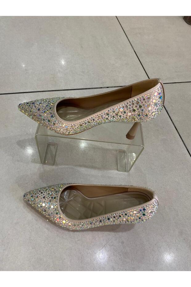 Ecru Outer Material, Stone Accessories, Thin Heel Women's Sitiletto Shoes