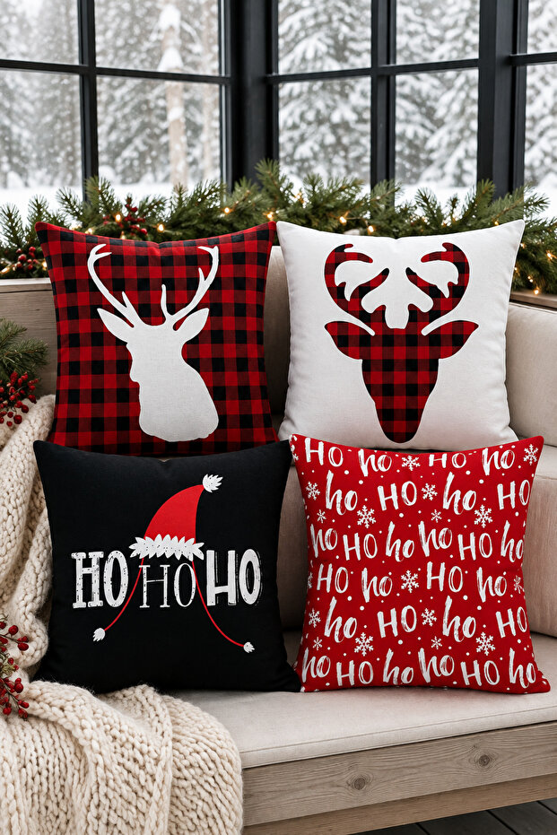 Christmas Themed Set of 4 Decorative Throw Pillow Covers – Deer and Ho Ho Ho Patterned (Double Sided)