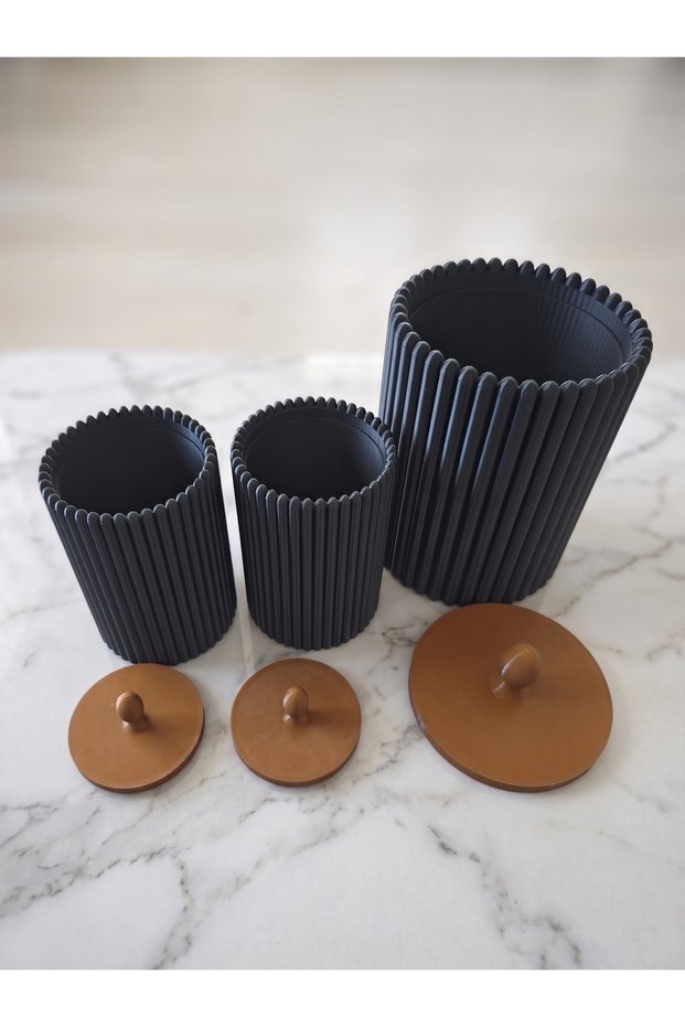Decorative Set of 3 Black Corrugated Storage Containers - Multi-Purpose Spice Container with Healthy Tan Lids