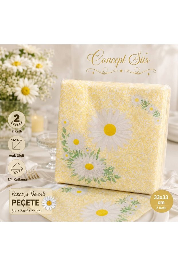 Daisy Patterned Yellow Napkin 33X33 cm 2-Ply – Decorative Table and Party Napkin