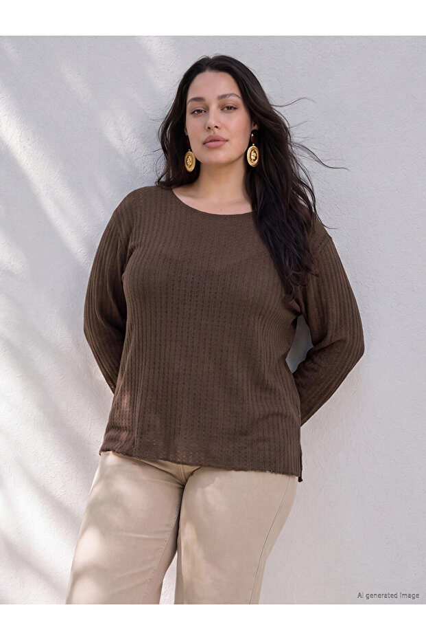 Peak New Season Brown Plus Size U-Neck Patterned Blouse