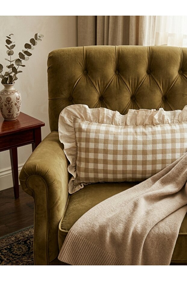 Ruffled Gingham Patterned Cushion Cover 30 X 50 Decorative Cushion Cover