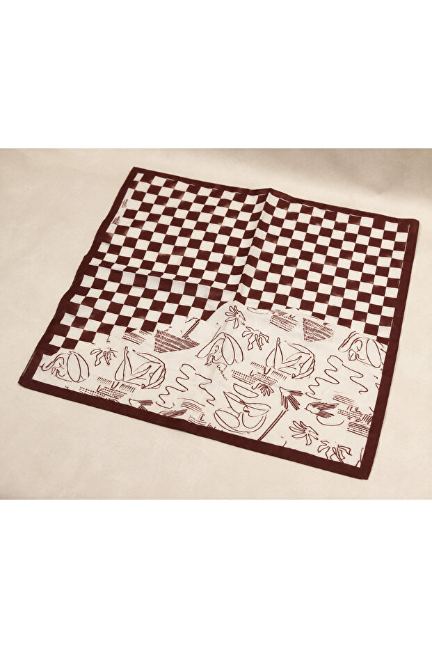 Retro Check Art Patterned Brown Women's Satin Scarf 50X50 cm