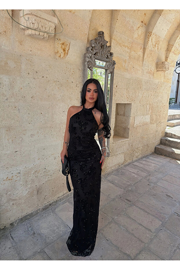 Black Jacquard Patterned Maxi Dress