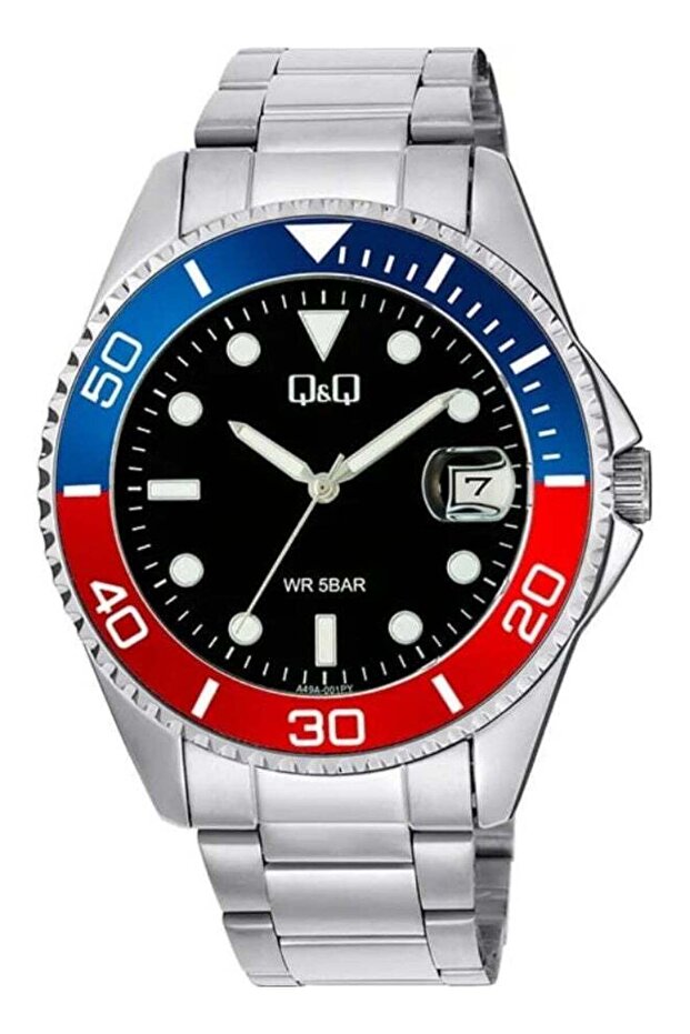 Men's Analog Watch with Date, Black Dial, Stainless Steel Silver Strap, Blue Red Bezel, 5 BAR, A49A-001PY