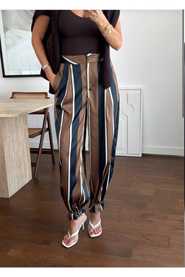 Women's Brown Striped High Waist Satin Trousers with Tie Cuffs, Carrot Cuff Stylish Fabric Trousers