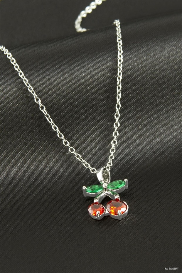 Concepta Cherry Zircon Stone Steel Necklace (10244) Silver Color