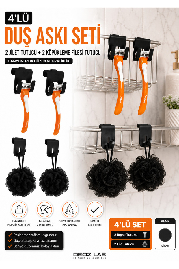 4-Piece Shower Hanger Set – 2 Razor Holders + 2 Foaming Net Holders