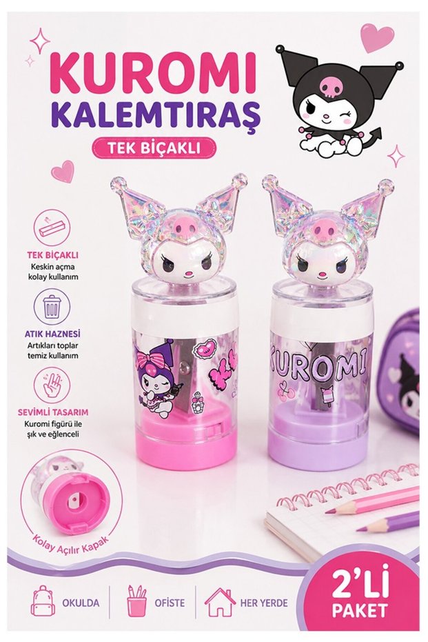 Kuromi Pencil Sharpener 2 Pack Single Blade Pencil Sharpener with Kuromi Figure and Container Cute Plastic Pencil Sharpener