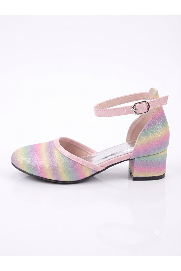 Rainbow Patterned Ankle Strap Girls' Heeled Shoes