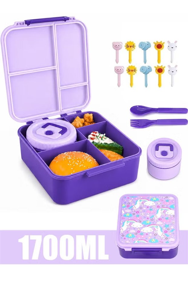 Kids Bento Lunch Box 1700ML Leak-Proof Lunch Container with 4 Compartments Insulated 304 Stainless Steel Food Jar Spoon & Fork BPA-Free Microwave Safe Unicorn Print Lunch Box for School Picnic