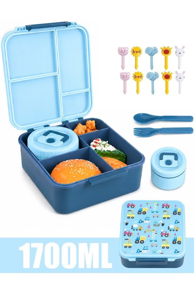 Kids Bento Lunch Box 1700ML Leak-Proof Lunch Container with 4 Compartments Insulated 304 Stainless Steel Food Jar Spoon & Fork BPA-Free Microwave Safe Unicorn Print Lunch Box for School Picnic