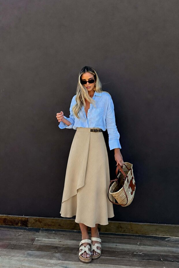 Belted waist detailed asymmetrical cut flared midi skirt 4097