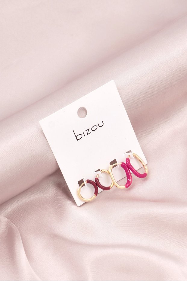 Women 2 Pairs Epoxy Huggie Earrings, Dark Pink/Brown