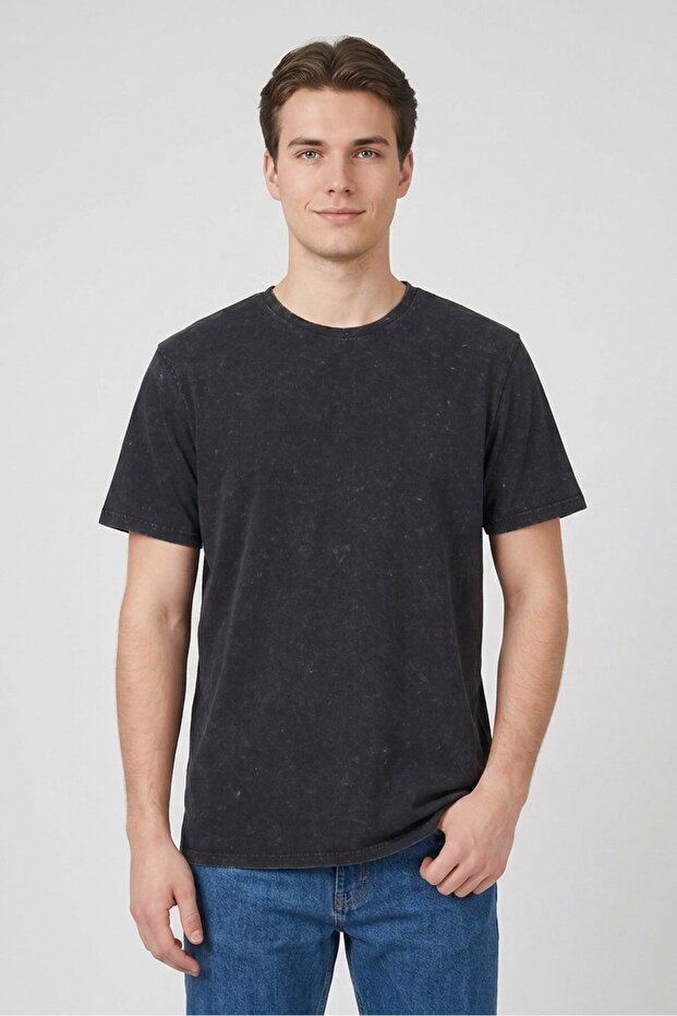 Men Crew Neck Short Sleeve Washed T-Shirt, Black