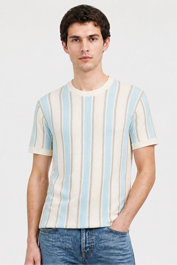 Men Crew Neck Short Sleeve Stripe T-Shirt, Multicolor