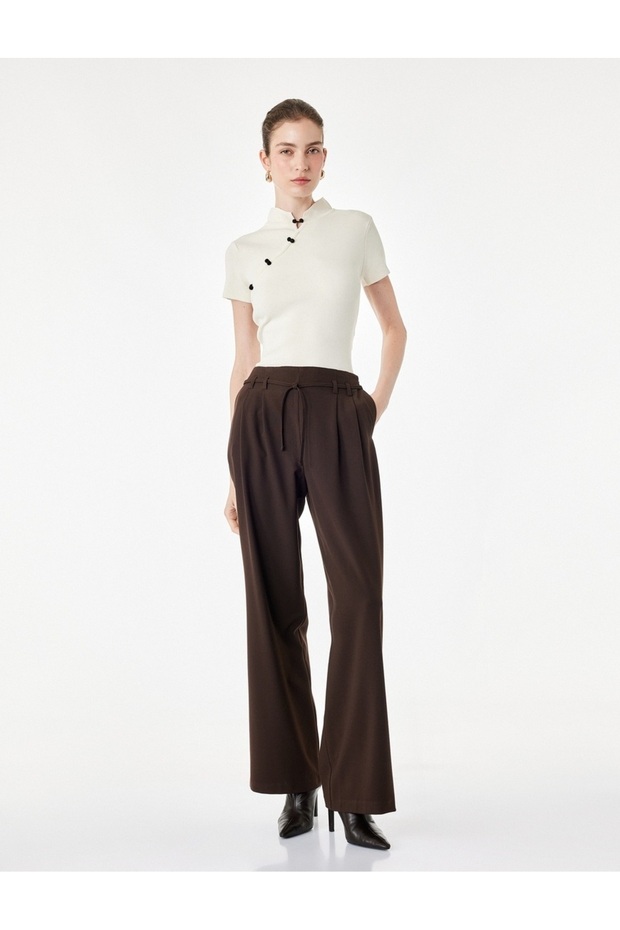 Tie-Waist Belted Pocketed Straight Loose Straight-Leg Pleated Trousers