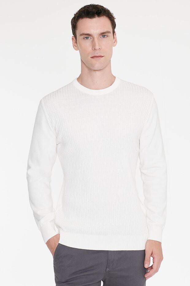 Men's Ecru 100% Cotton Standard Fit Crew Neck Jacquard Knit Sweater