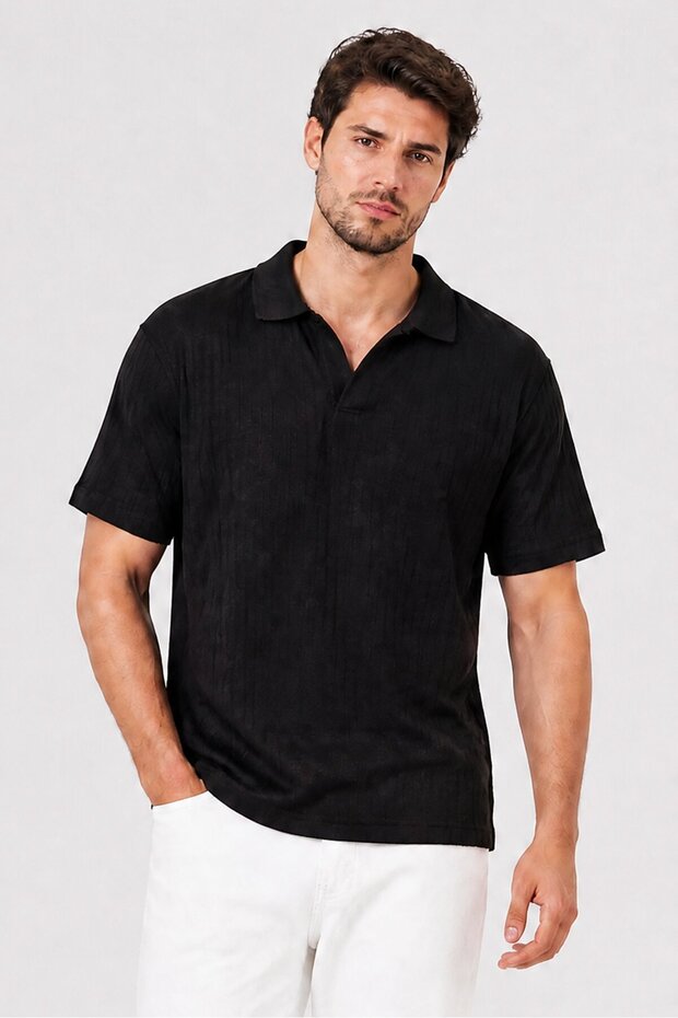 Men Regular Fit Ribbed Short Sleeve Polo Shirt, Black