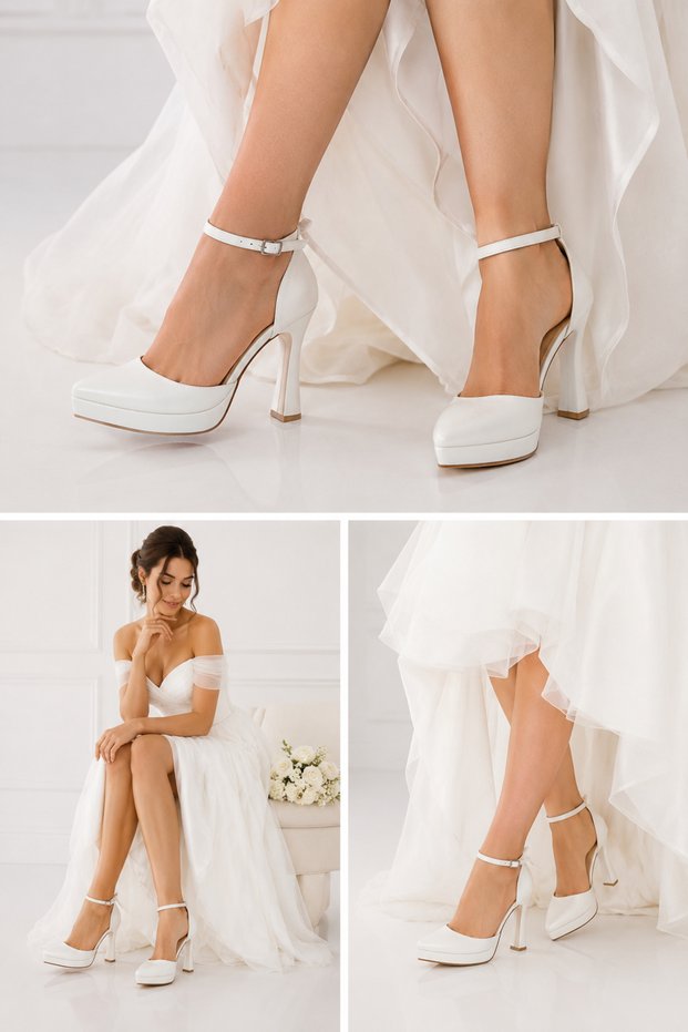 White Women's Heeled Shoes with Ankle Strap, Stylish Platform Model for Wedding Dresses