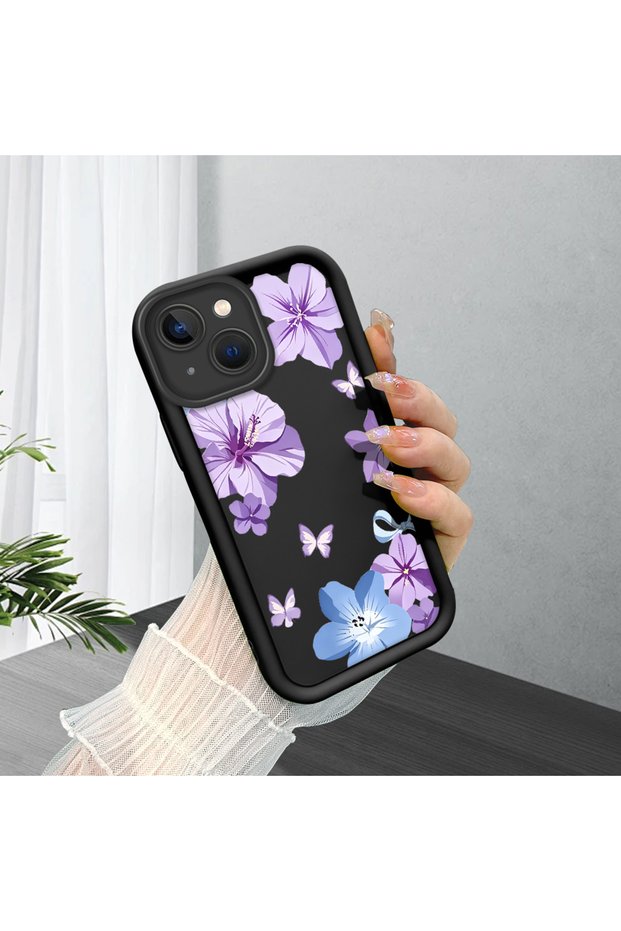 iPhone 13 Compatible Black Silicone Case Shockproof with Camera Protection Floral Pattern