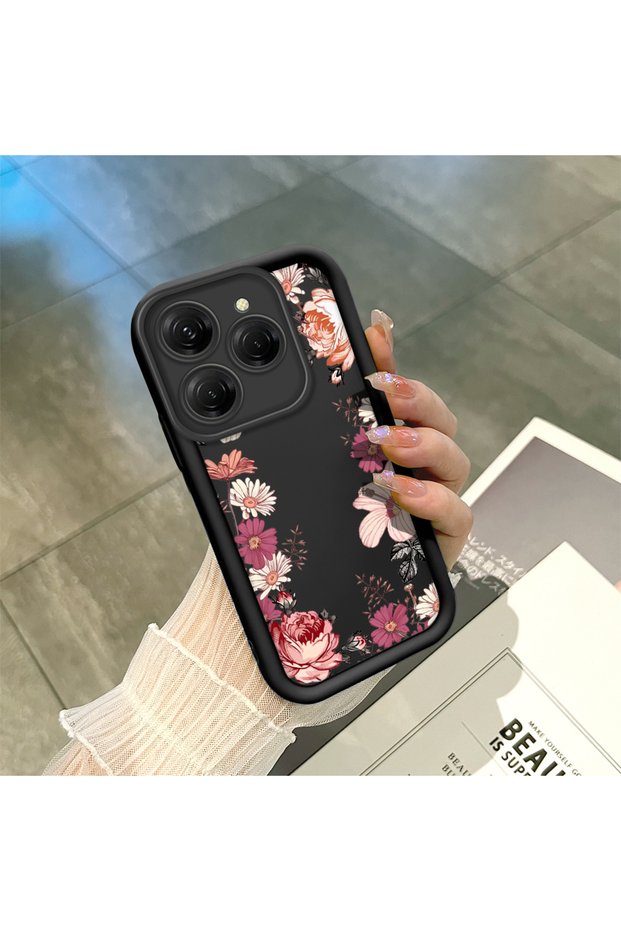 Tecno Spark 20 Pro 4g (Kj6) Compatible Black Silicone Case Shockproof with Camera Protection Flower