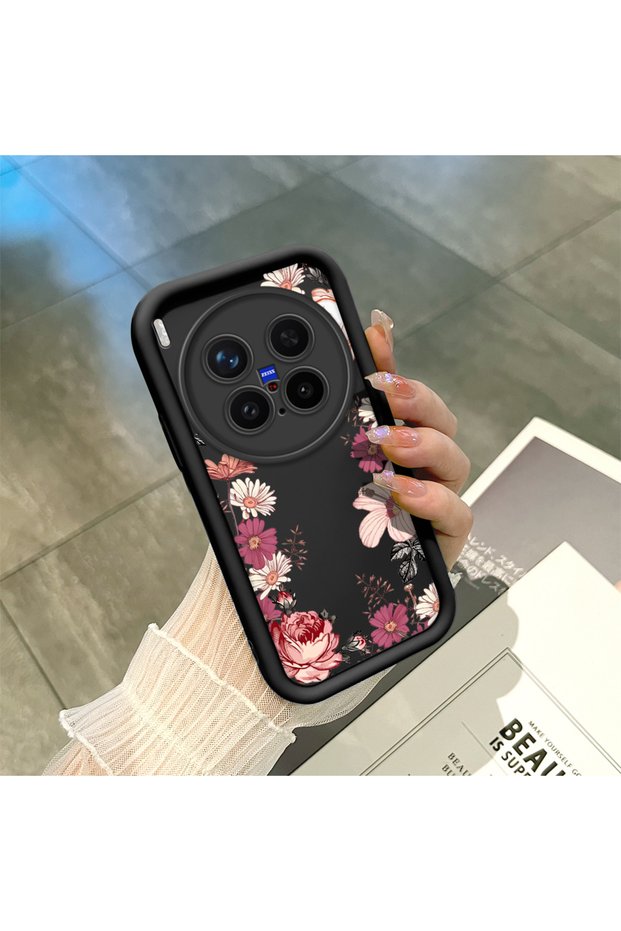 Vivo X300 Pro Compatible Black Silicone Case Shockproof with Camera Protection Floral Pattern