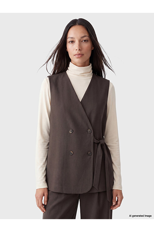 Two Mt Shop Quality Lcw Studio Brown Gabardine Plain Women's Classic Vest