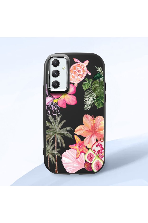 Samsung Galaxy A34 Compatible Shock-Absorbing Camera Protected Black Silicone Case Floral Print
