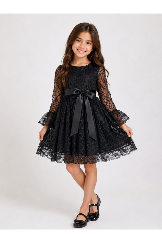 Girl's White Lace Evening Dress with Bow Long Sleeve Princess Model Birthday Wedding Graduation Special Occasion Dress