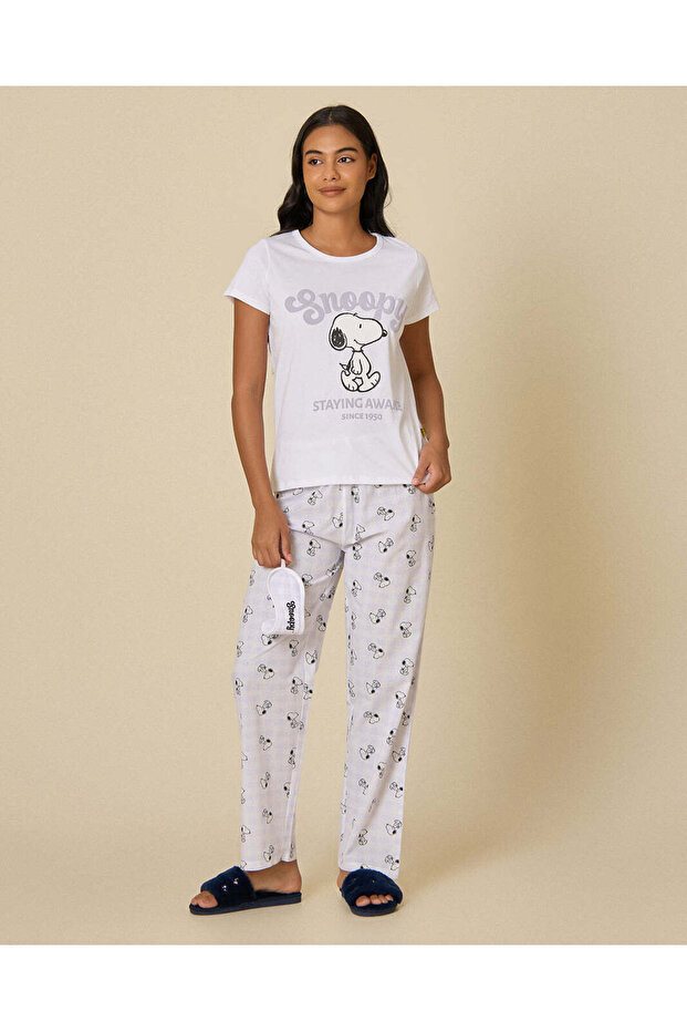 Women White Printed Character Pyjama Set