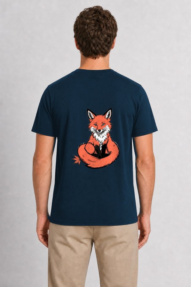 Men's Elegant Japanese Style Fox Figure Back Print - Navy Blue