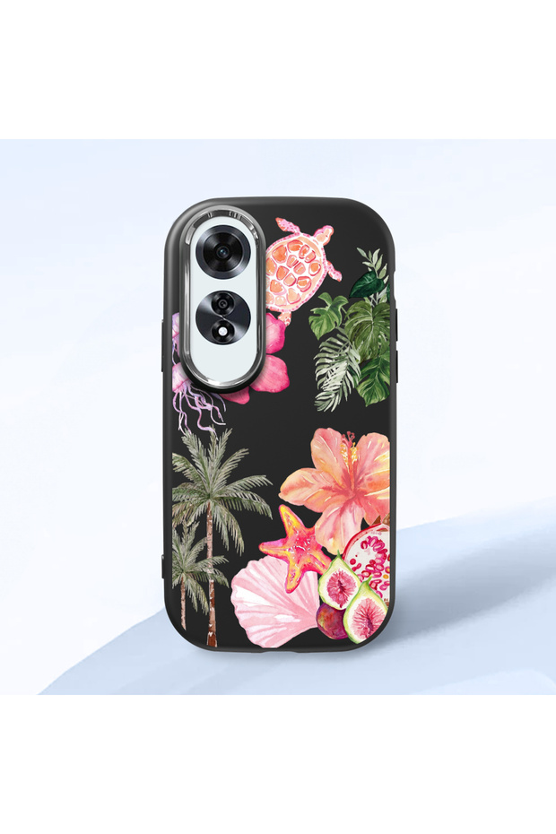 Oppo A60 Compatible Shock-Absorbing Camera Protected Black Silicone Case Floral Print