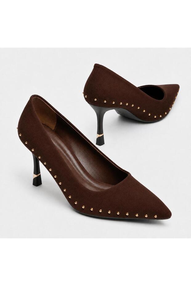 Chiara Brown Nubuck Women's Pointed Toe Gold Stone Detailed Stylish Shoes