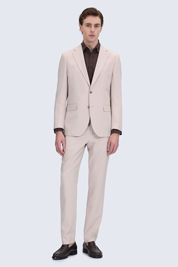 Beige Slim Fit Mono Collar Casual Suit