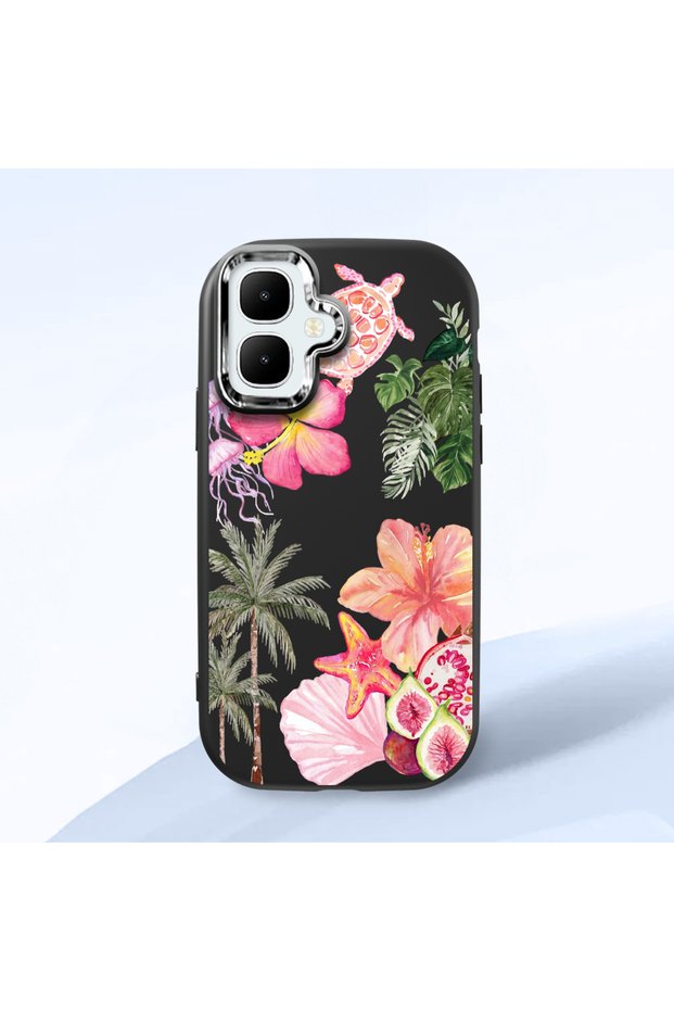 Infinix Smart 10 Compatible Shock-Absorbing Camera Protected Black Silicone Case Floral Print