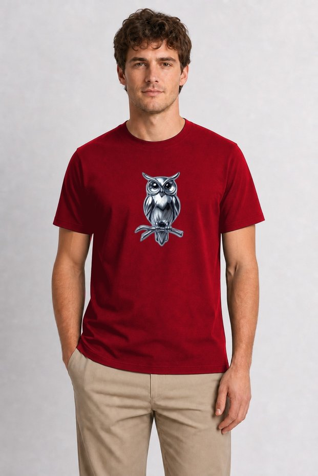 Men's Chrome Textured Wise Owl Art - Red