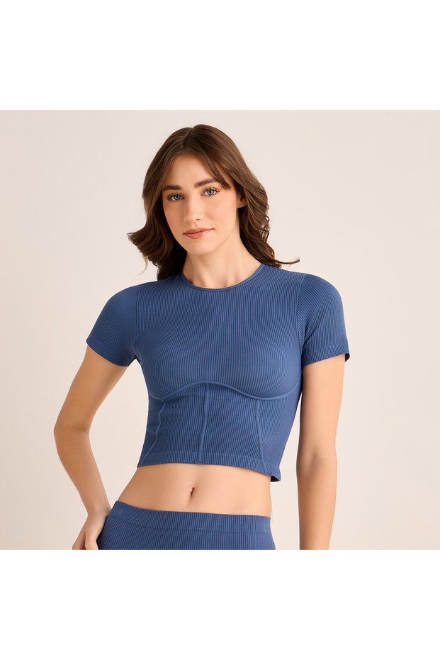 SEAMFREE RIBBED HIGH NECK SHORT SLEEVED TOP