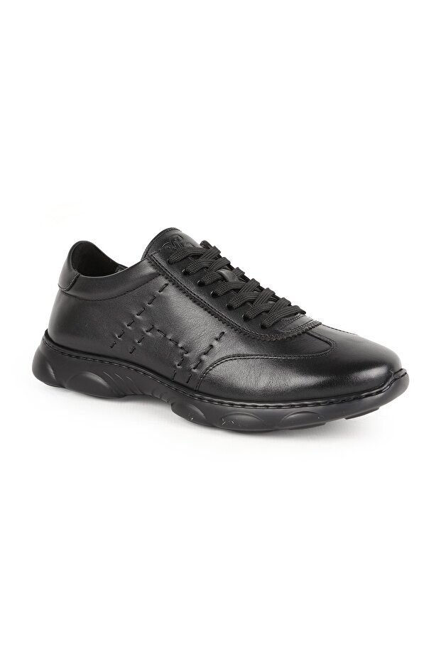 Men's Sneaker Black Genuine Leather Side Stitching Detail Lace-Up Lightweight Curved Ergonomic Eva Sole L6034