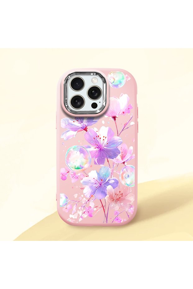 iPhone 15 Pro Max Compatible Shock-Absorbing Camera Protected Pink Silicone Case Floral Print