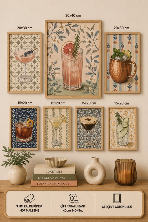 7-Piece Frame-Looking Modern Painting Set | Vintage Beverage Theme, Cocktail | Living Room, Office, Kitchen and Study Room Wall Decor