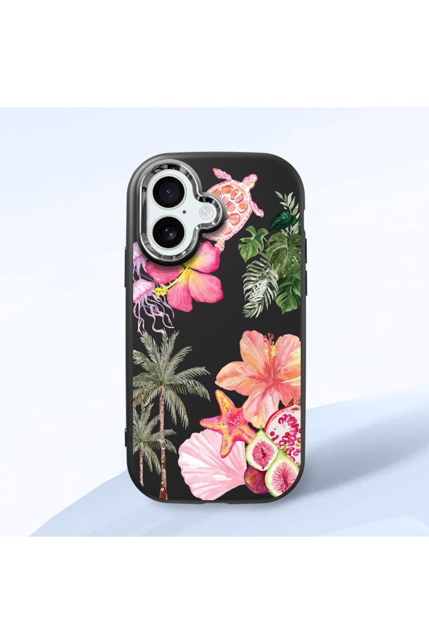 iPhone 16 Compatible Shock-Absorbing Camera Protected Black Silicone Case Floral Print