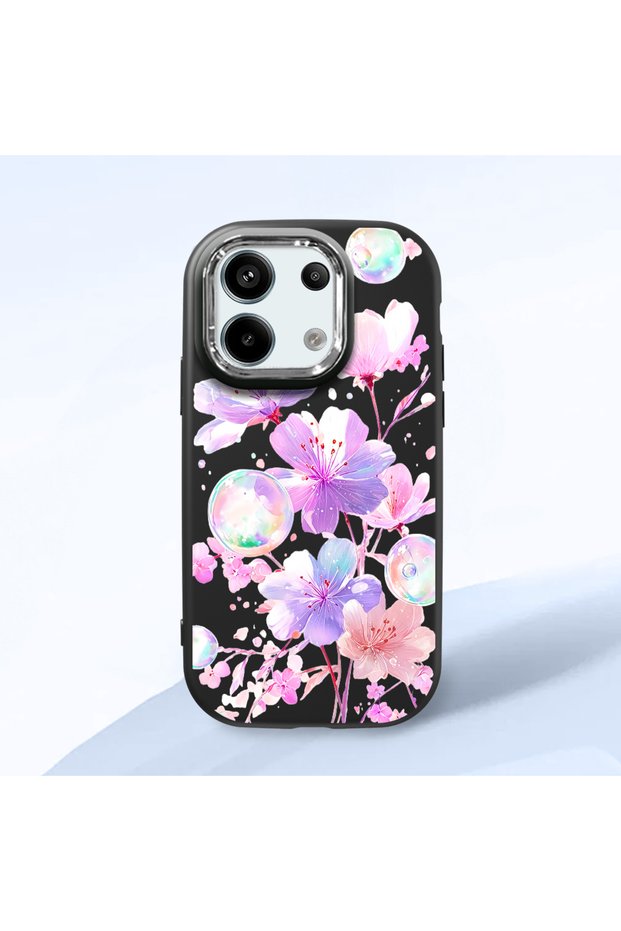 Poco X6 Compatible Shock-Absorbing Camera Protected Black Silicone Case Floral Print