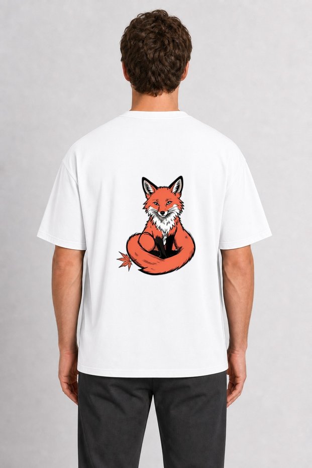 Men's Elegant Japanese Style Fox Figure Back Print - White